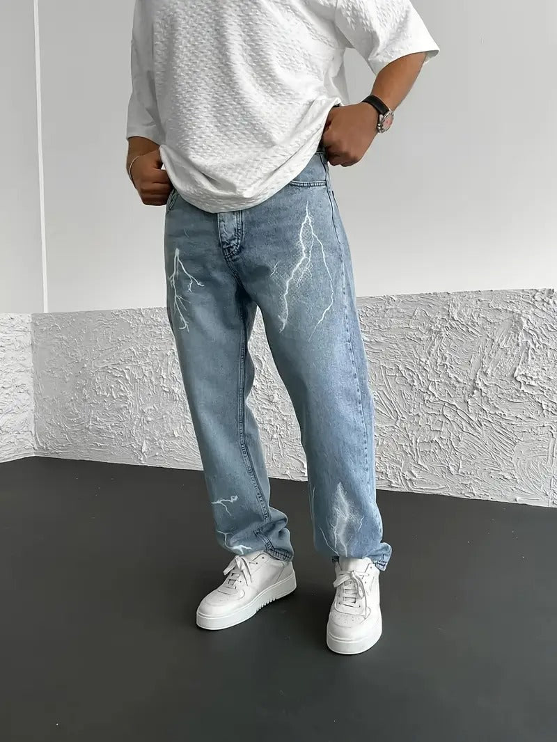 Lightning Print Relaxed-Fit Jeans - Blue