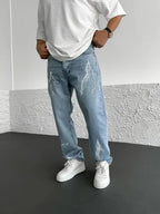 Lightning Print Relaxed-Fit Jeans - Blue